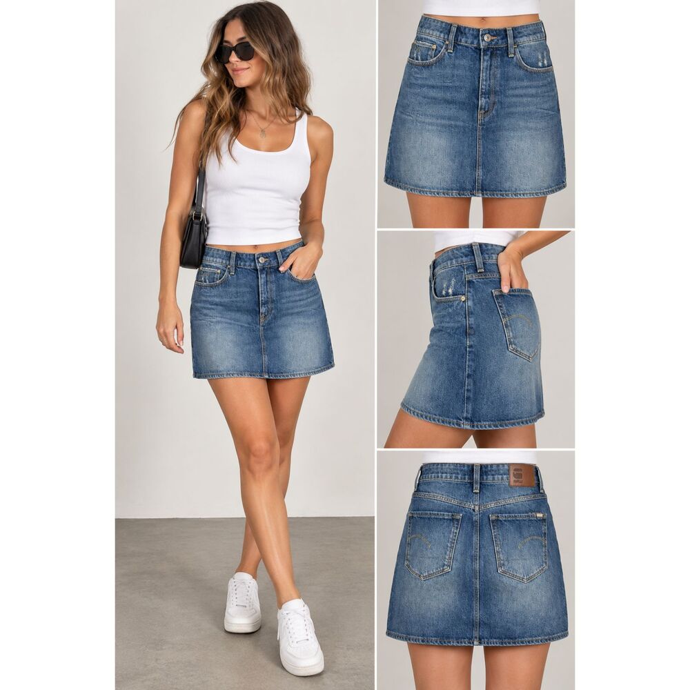 G-Star RAW Womens 27 3301 Denim Mini Skirt Vintage Blue Stone NWT Distressed Y2K